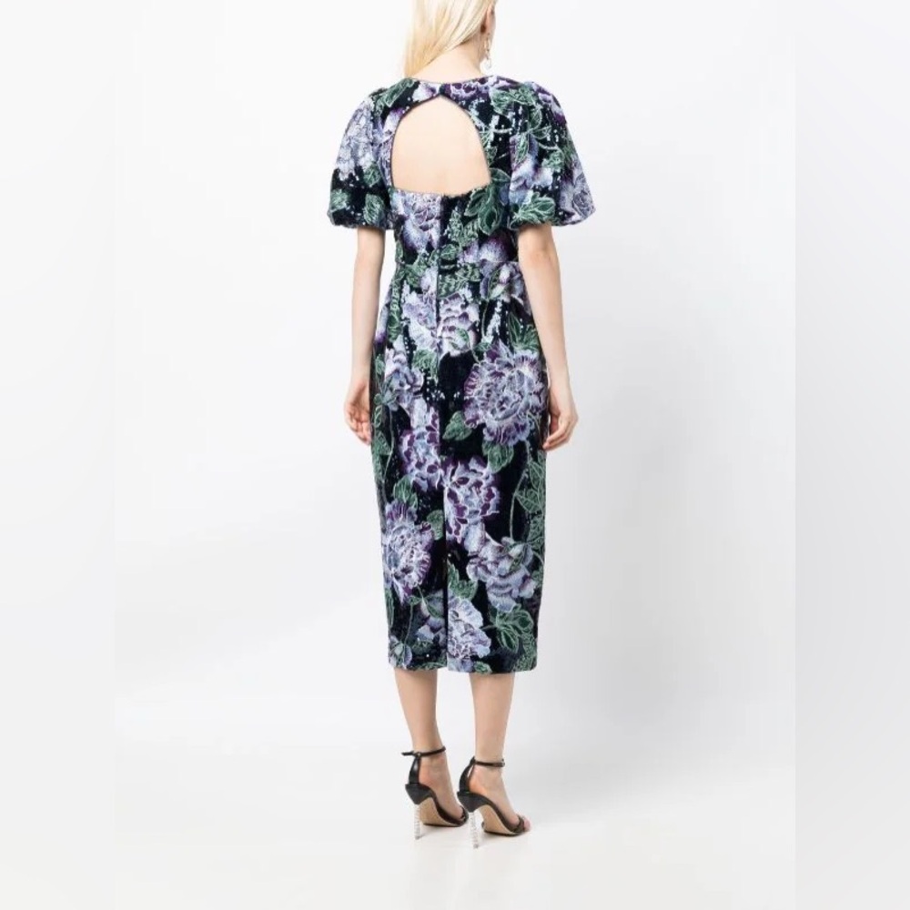 MARCHESA NOTTE NAVY FLORAL EMBROIDERED BUBBLE SEQUIN MIDI DRESS - Picture 2 of 8